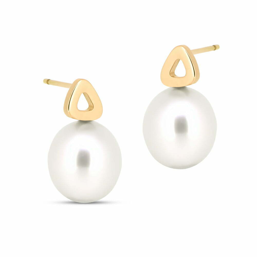 Yellow Gold White Pearl Pebble Studs image 0