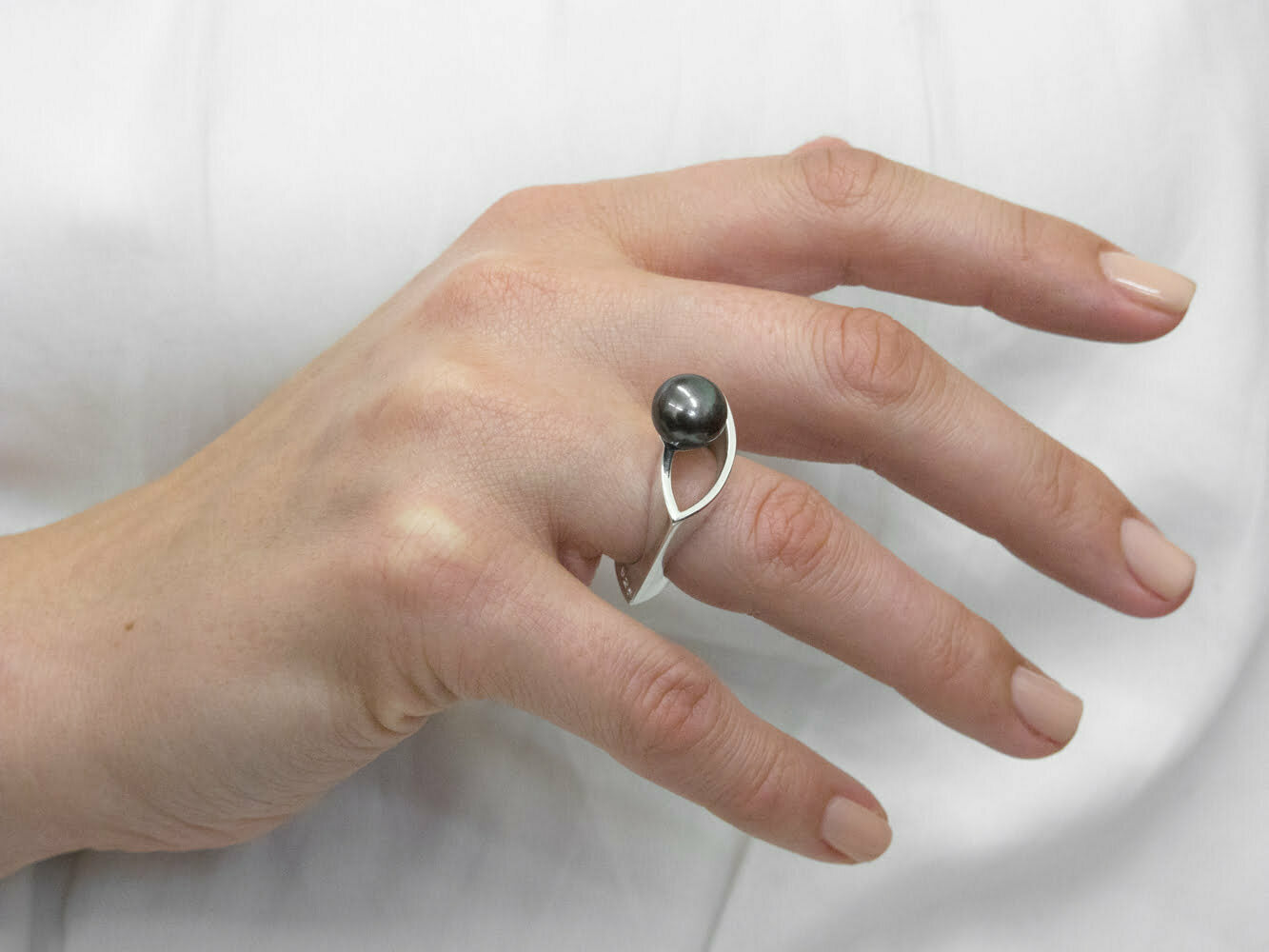 Sterling Silver Black Pearl Marquis Ring image 1